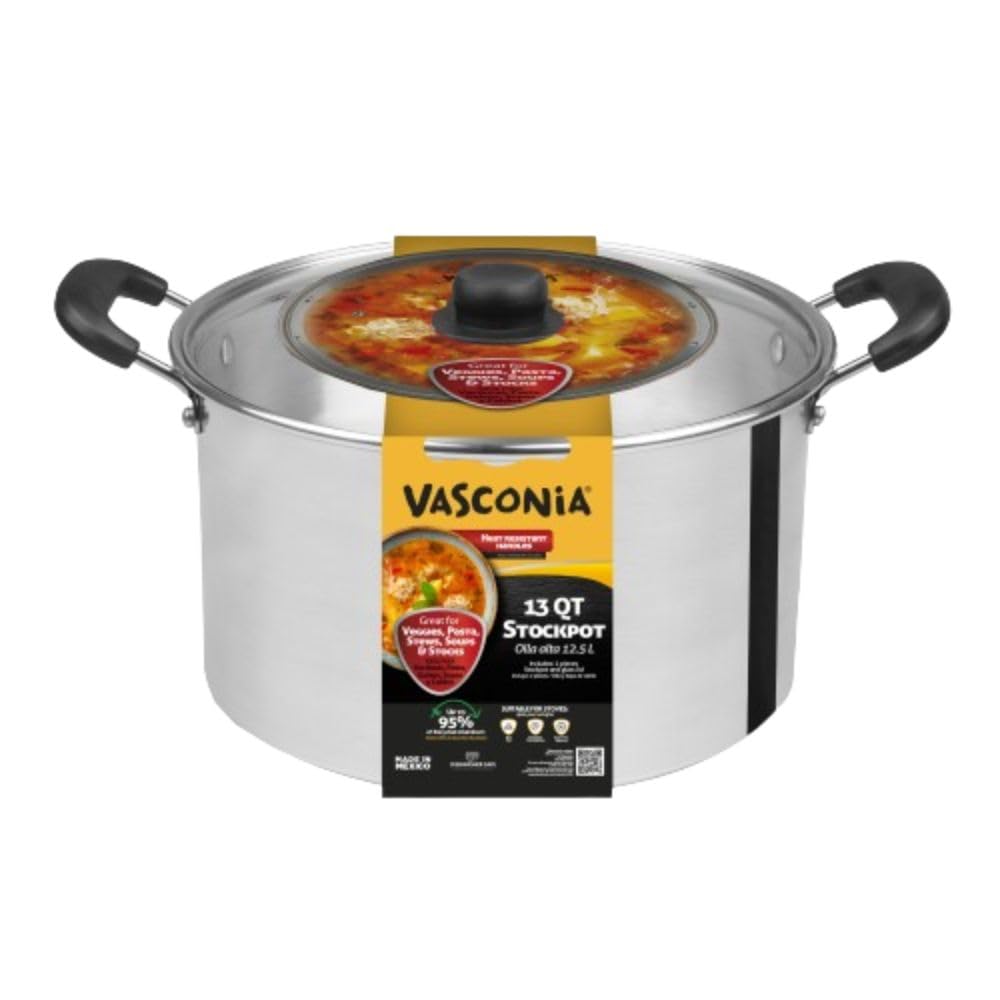 Vasconia Stock Pot with Glass Lid – Heat Resistant up to 390°F Aluminum Large Stock Pot for Pasta, Seafood, Gumbo, Tamales Soup Pot – Hand-Wash Only Kitchen Set - 13-QT Stove Tops Big Cooking Pot