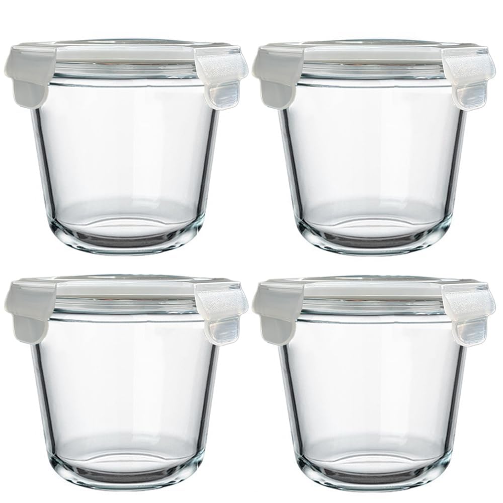 H.JSS WDJS 24 Oz Glass Food Storage Container Set, 3 Cup Large Soup Container with Airtight Lids, Round Glass Meal Prep Containers, Leakproof Soup Storage Container, Microwave & Freezer Safe (4 Pack)