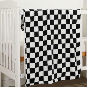 Checkered Baby Blanket for Girls Boys Soft Fleece Fluffy Fuzzy Chessboard Grid Toddler Blanket for Kids Lightweight Bed Blanket for Infant or Newborn Home Decor (Black)