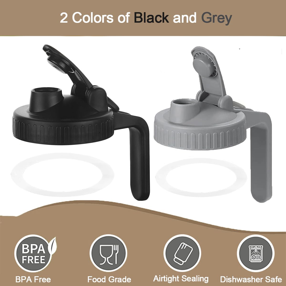 Mason Jar Pour Spout Lid 2 Pack Plastic Mason Jar Lids Regular Mouth with Handle Mason Jar Pitcher Flip Cap Airtight Handle Lid, Leak Proof Seal Cover Easy To Open (70MM-Black+Grey)