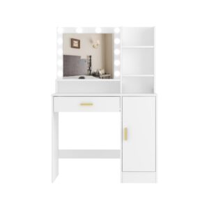 vanity desk, vanity mirror with lights and table set with 1 big drawers, 1 cabinet & 4 shelves makeup vanity set 3 lighting modes brightness adjustable dressing table (white)