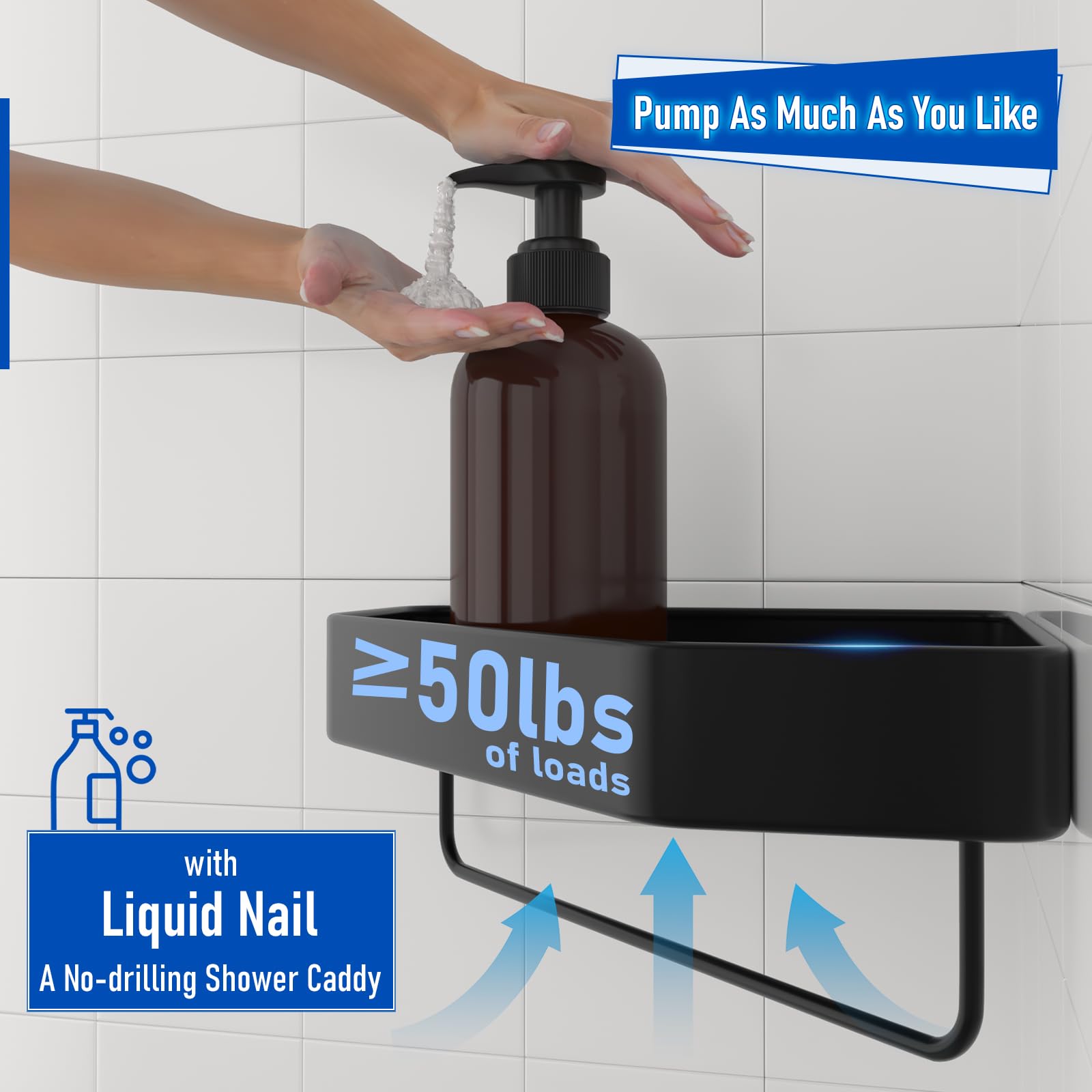 Big Lighting Deals Corner Shower Shelf 2-Pack, Larger Adhesive Shower Corner Caddy for Inside Shower with Hooks and Towel Bar, Corner Shower Organizer for Bathroom, Black