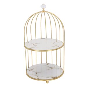 Double Layer Storage Shelf, Glass Bottom Plate Wear Gold Frame Bird Cage Organizer Rack for Bathroom Countertop (White Base Gold Pattern)