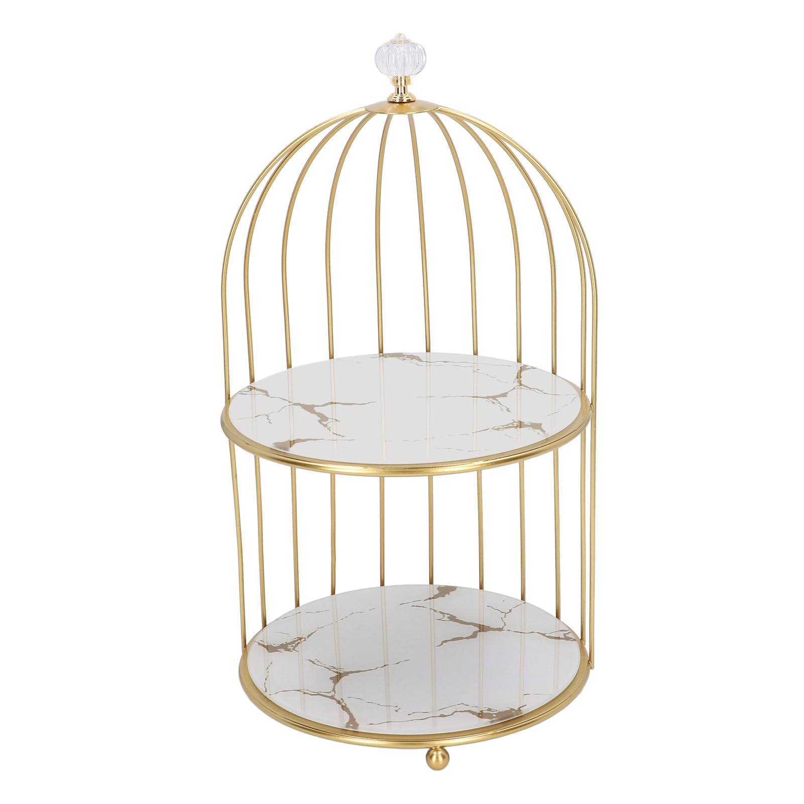 Double Layer Storage Shelf, Glass Bottom Plate Wear Gold Frame Bird Cage Organizer Rack for Bathroom Countertop (White Base Gold Pattern)