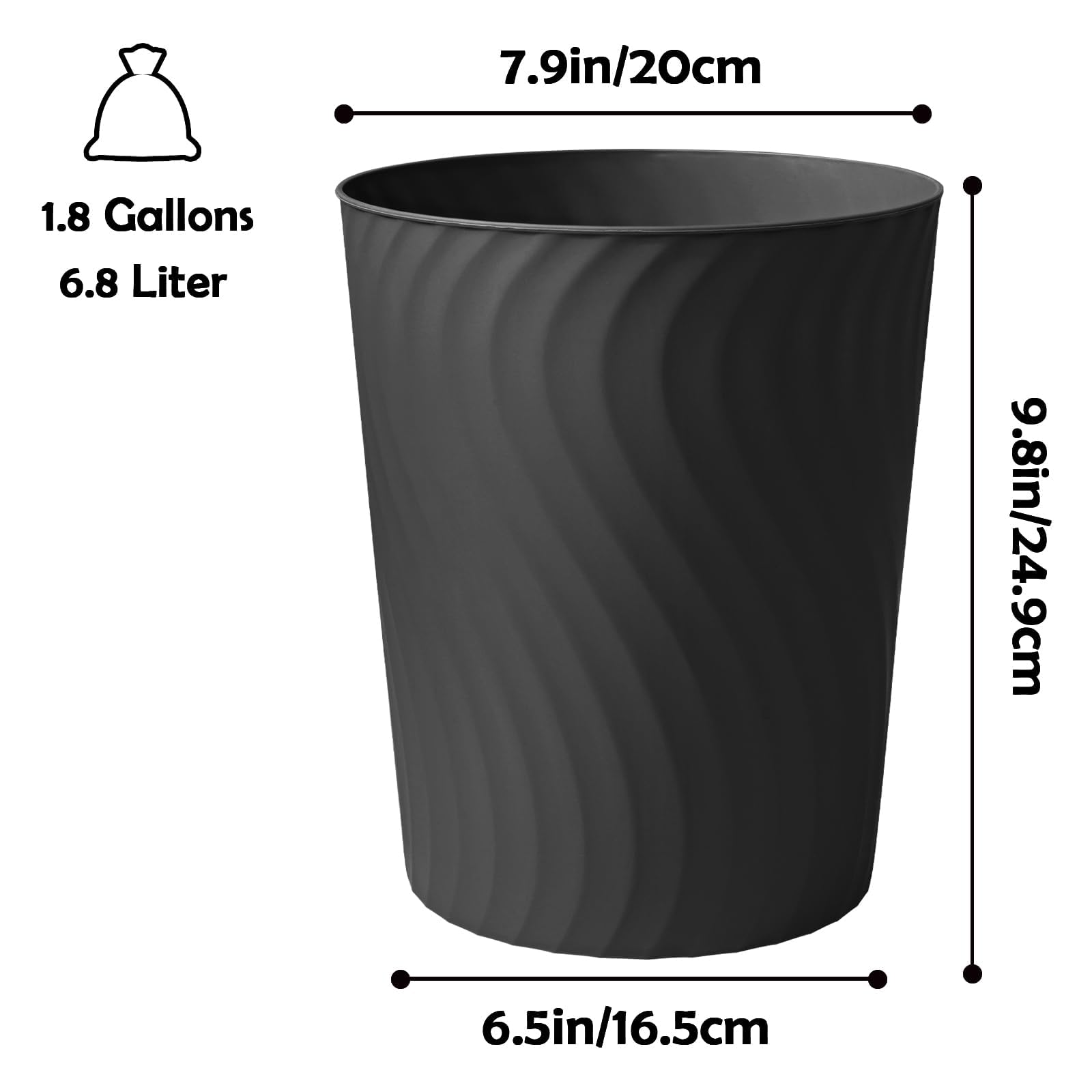 YGJT Small Trash Can, 6 Pack 1.8 Gallons Bathroom Trash Can, Slim Waste Basket, Round Garbage Can, Plastic Trash Bin for Kitchen, Dorm, Bedroom, Office, Living Room, Study, Compact Spaces(Black)