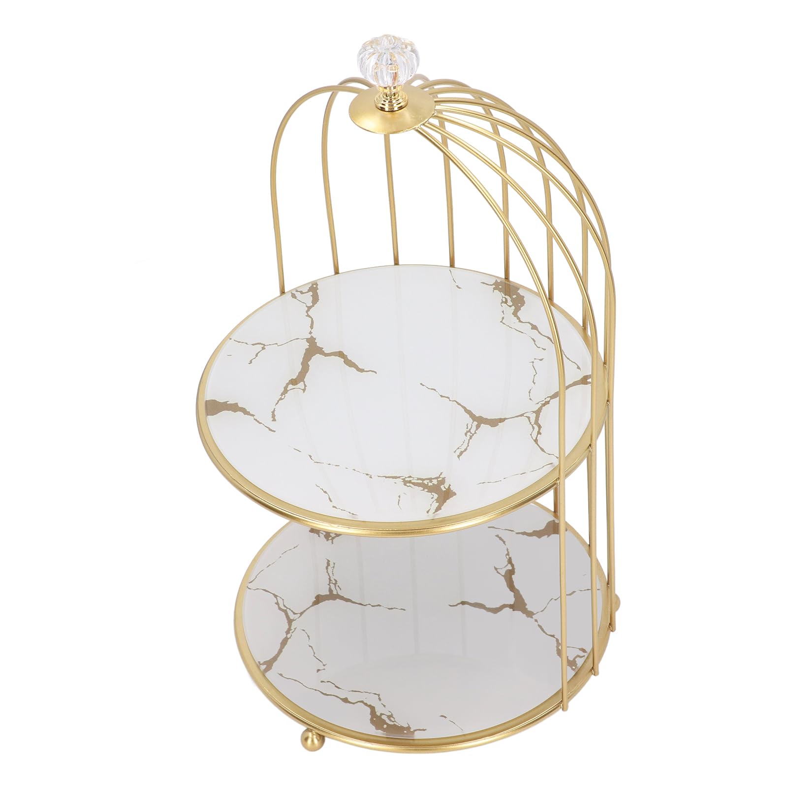 Double Layer Storage Shelf, Glass Bottom Plate Wear Gold Frame Bird Cage Organizer Rack for Bathroom Countertop (White Base Gold Pattern)