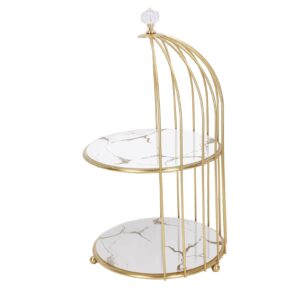 Double Layer Storage Shelf, Glass Bottom Plate Wear Gold Frame Bird Cage Organizer Rack for Bathroom Countertop (White Base Gold Pattern)