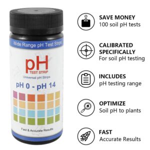 Soil Test Strips, 100 Tests PH Strips for Testing Soil, 0-14 PH Soil Tester Kit for Plants Potting Soil, Horticulture, Farm, Lawn Care