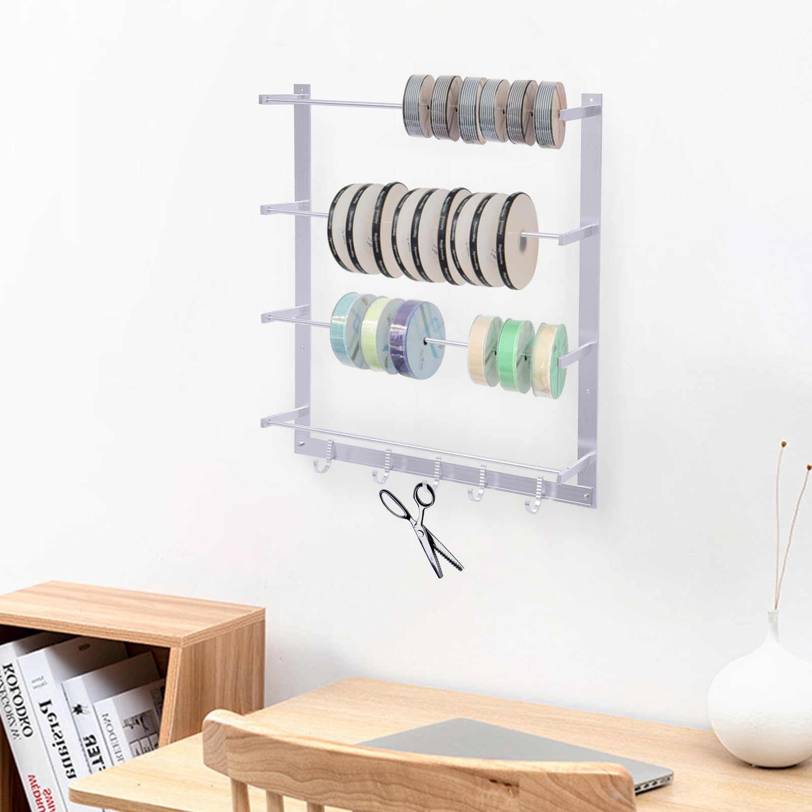 TFCFL Wire Spool Rack, Ribbon Holder Organizer Rack Ribbon Storage Organizer, Wall Mounted Ribbon Spool Storage Rack 4 Tier with 5 Hooks Ribbon Holder Organizer for Crafts, Silver