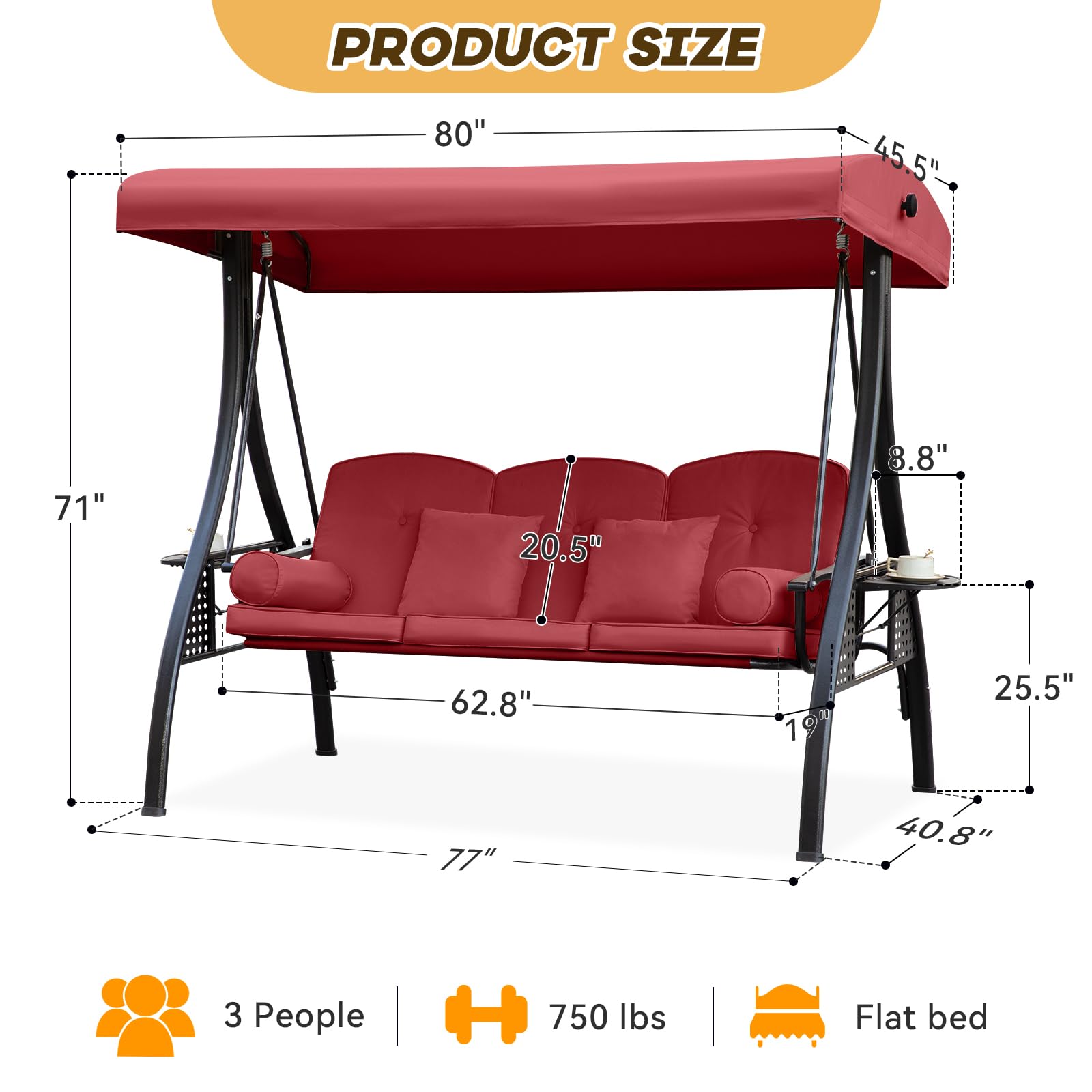 Yalissey 3 in 1 Outdoor Porch Swing with Adjustable Canopy, 3 Seat Outdoor Swing for Adults, Patio Swing Chair with Thickened Cushions,Pillows & Cup Holders for Backyard, Porch, Garden (Wine Red)