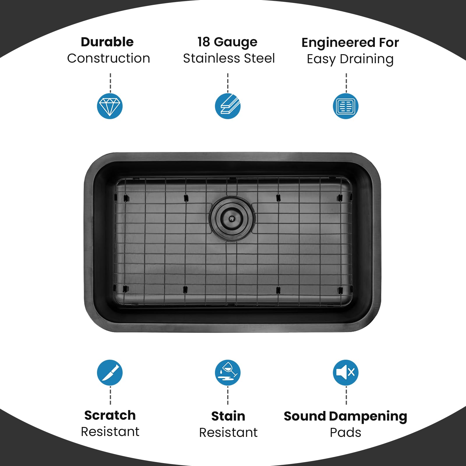 Strictly Sinks 29-3/4 Inch Undermount Kitchen Sink - 18 Gauge Single Bowl Kitchen Sink - Ideal Black Kitchen Sink with Single Strainer Drain, Bottom Grid & Roll Up Dish Drying Rack