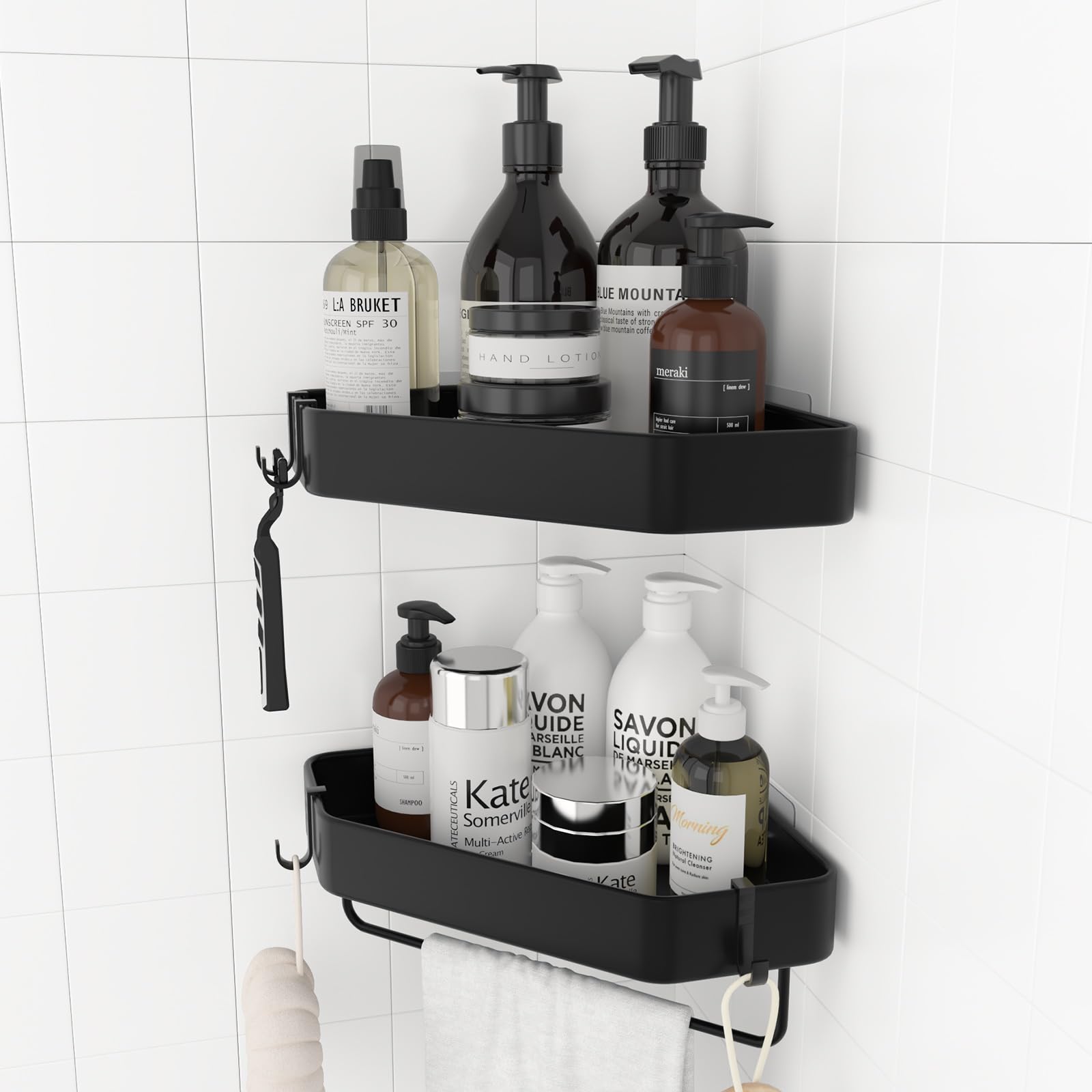 Big Lighting Deals Corner Shower Shelf 2-Pack, Larger Adhesive Shower Corner Caddy for Inside Shower with Hooks and Towel Bar, Corner Shower Organizer for Bathroom, Black