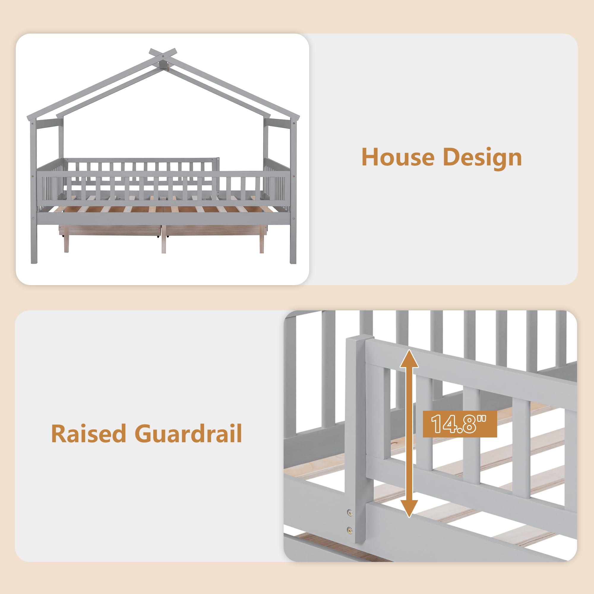 HUMEHA Full Size Bed Frame for Kids, Wood House Bed with 2 Drawers, Montessori Platform Bed with Roof and Fence for Boys Girls, Gray, 79.5''L x 57''W x 62.9''H