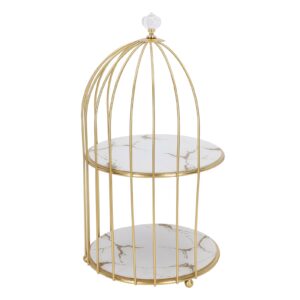 Double Layer Storage Shelf, Glass Bottom Plate Wear Gold Frame Bird Cage Organizer Rack for Bathroom Countertop (White Base Gold Pattern)