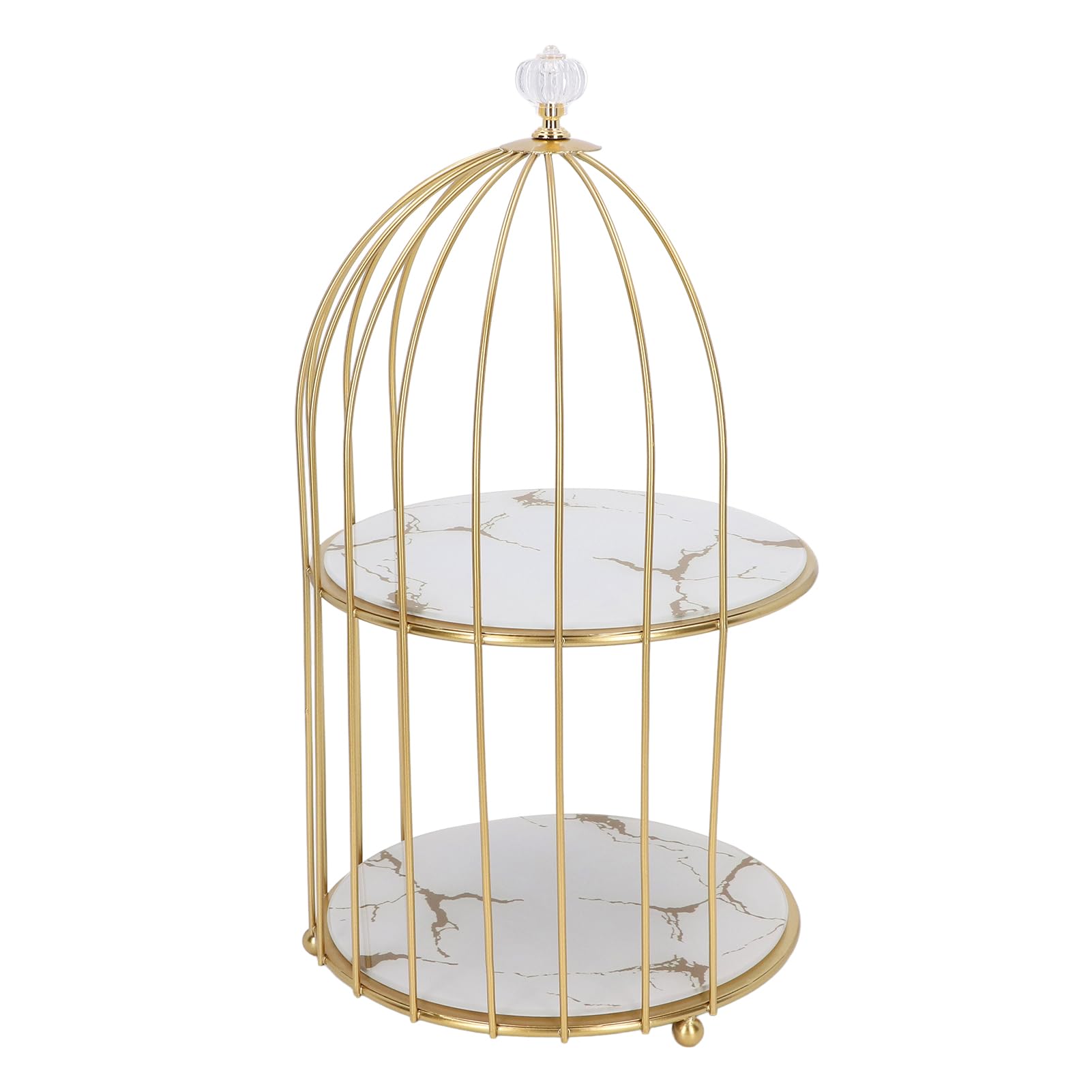 Double Layer Storage Shelf, Glass Bottom Plate Wear Gold Frame Bird Cage Organizer Rack for Bathroom Countertop (White Base Gold Pattern)