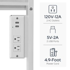 HOOBRO Small White Computer Desk with Power Outlet, 32 Inch Home Office Computer Desk with 2 Fabric Drawers, Study Desk for Small Spaces, with Side Pocket, for Study, Living Room, White WW42UDN01