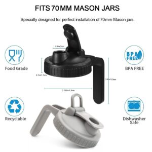 Mason Jar Pour Spout Lid 2 Pack Plastic Mason Jar Lids Regular Mouth with Handle Mason Jar Pitcher Flip Cap Airtight Handle Lid, Leak Proof Seal Cover Easy To Open (70MM-Black+Grey)