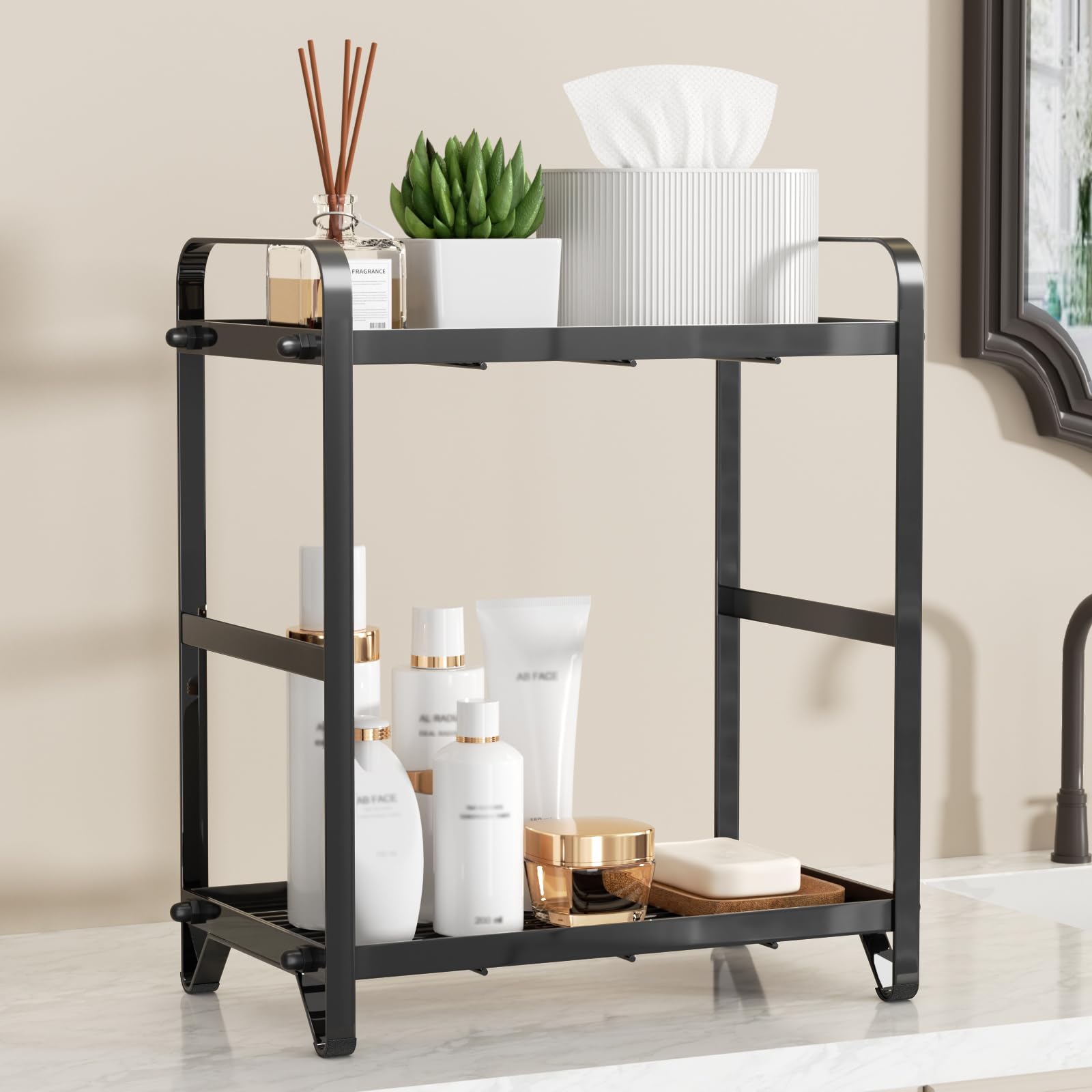 Josmimic Bathroom Makeup Organizer Countertop: Black Metal Countertop Organizer for Bathroom, Kitchen Storage Cosmetics, Spices