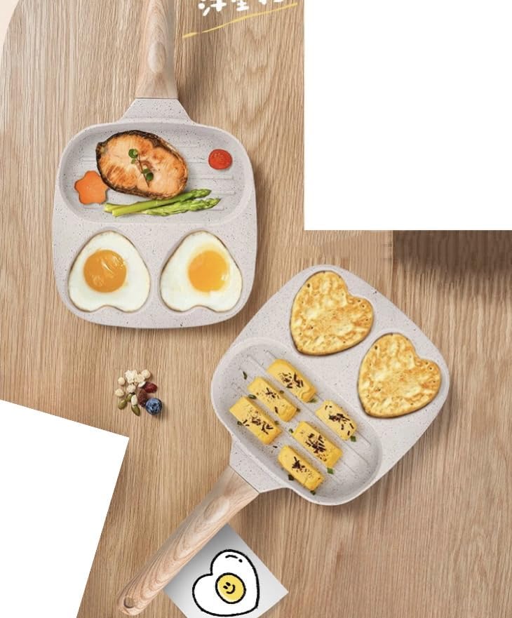 BB Tigger 3-Cup Egg Pan,3 Section, Versatile Breakfast Skillet, Omelette Pan, Omelette Skillet, Bacon pan, Sausage pan, hot dogs pan, Pancake Pan, 3-in-1 egg pan, 19cm*38.5cm, Off-White