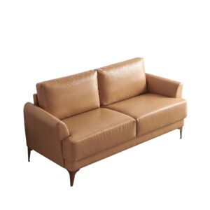 Atopston 63" Faux Leather Loveseat Sofa, Mid-Century Modern Decor 2 Seater Love Seat Couches, Comfy Armrest Small Couch with Wood Grain Legs for Living Room Apartment, Tan Leather