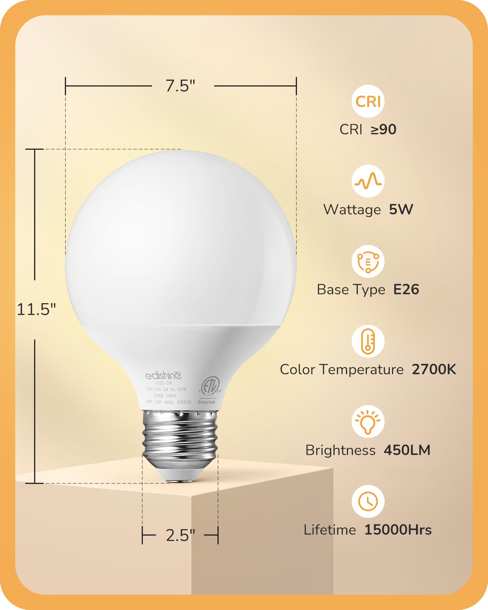 EDISHINE G25 LED Globe Light Bulbs, CRI90+ Makeup Bulbs, 5W Equivalent 25W, LED Vanity Light Bulbs for Bathroom, Makeup Mirror Light Bulbs, 2700K Warm White 450LM, E26 Base 4 Pack Non-dimmable