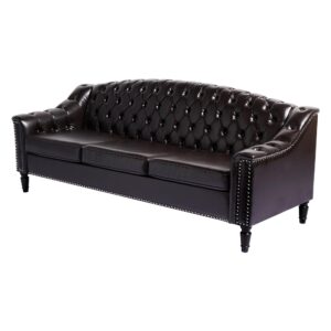 PHOYAL Chesterfield Couch 3 Seater Large Sofa, Faux Leather Sofas and Couches 80 Inches Mid Century Modern Couch Tufted Back Sofa for Living Room Furniture (Dark Brown)