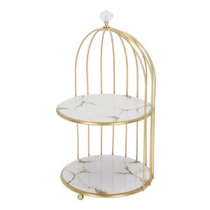 Double Layer Storage Shelf, Glass Bottom Plate Wear Gold Frame Bird Cage Organizer Rack for Bathroom Countertop (White Base Gold Pattern)