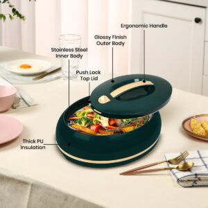 Elegant Large Oval Insulated Casserole Carrier Dish- One Hand Open Lid- 3.15 qt. Luxury Hot Pot Food Warmer/Cooler -Thermal Serving Bowl For Buffet/Parties-Stainless Steel Hot Food Container -Dark