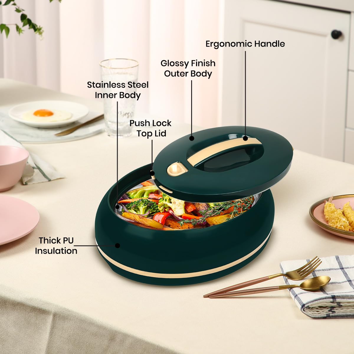 Elegant Large Oval Insulated Casserole Carrier Dish- One Hand Open Lid- 3.15 qt. Luxury Hot Pot Food Warmer/Cooler -Thermal Serving Bowl For Buffet/Parties-Stainless Steel Hot Food Container -Dark