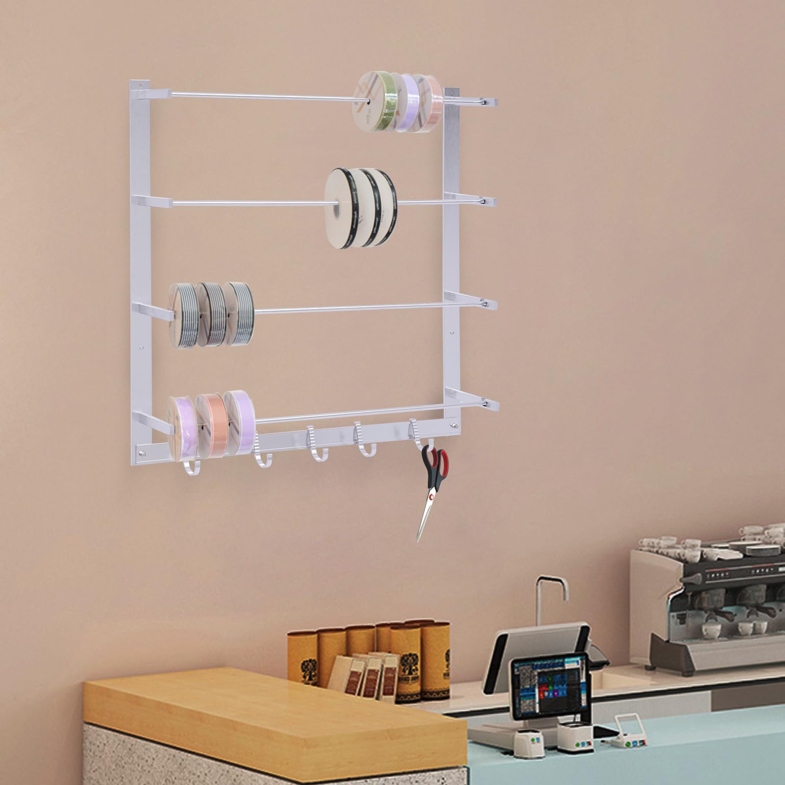 TFCFL Wire Spool Rack, Ribbon Holder Organizer Rack Ribbon Storage Organizer, Wall Mounted Ribbon Spool Storage Rack 4 Tier with 5 Hooks Ribbon Holder Organizer for Crafts, Silver