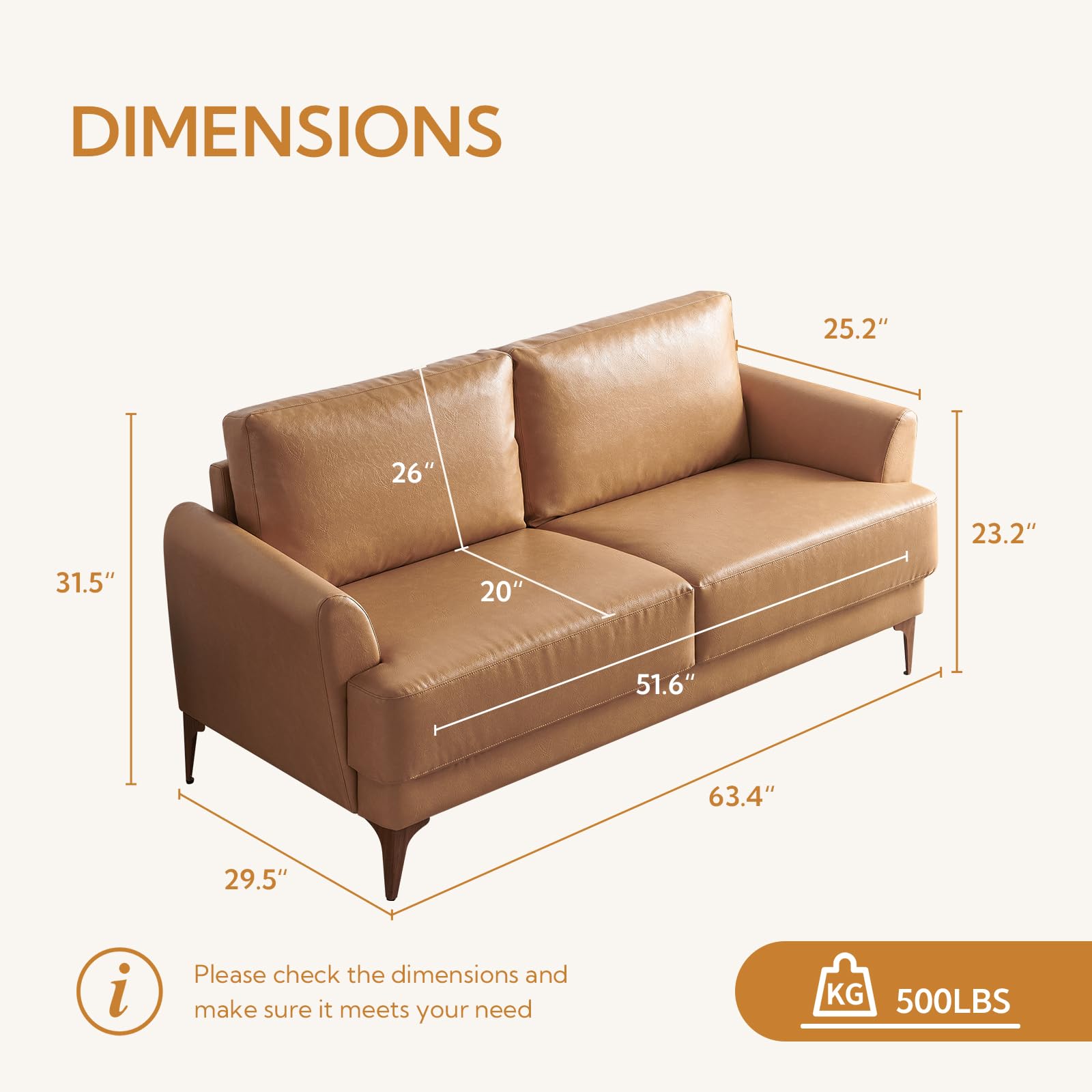 Atopston 63" Faux Leather Loveseat Sofa, Mid-Century Modern Decor 2 Seater Love Seat Couches, Comfy Armrest Small Couch with Wood Grain Legs for Living Room Apartment, Tan Leather