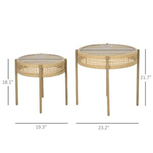 Outsunny 2 Piece Wicker Patio Table Set, PE Rattan End Table Set, Outdoor Round Coffee Table Set, Multi-Functional, Slatted Metal Top, Brown