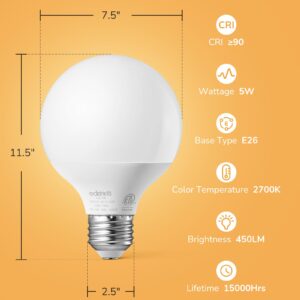 EDISHINE G25 LED Globe Light Bulbs, CRI90+ Makeup Bulbs, 5W Equivalent 25W, LED Vanity Light Bulbs for Bathroom, Makeup Mirror Light Bulbs, 2700K Warm White 450LM, E26 Base 8 Pack Non-dimmable