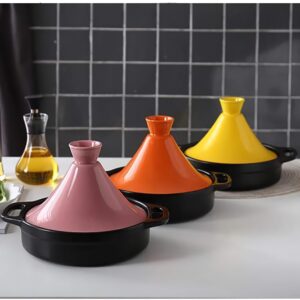 Multi-function Moroccan Style Cast Iron Tajine Pot Cooking Pot Ceramic Casserole Steamer Braiser Pan Healthy Saucepan Earthen Pot for Braising Slow Cooking,Yellow