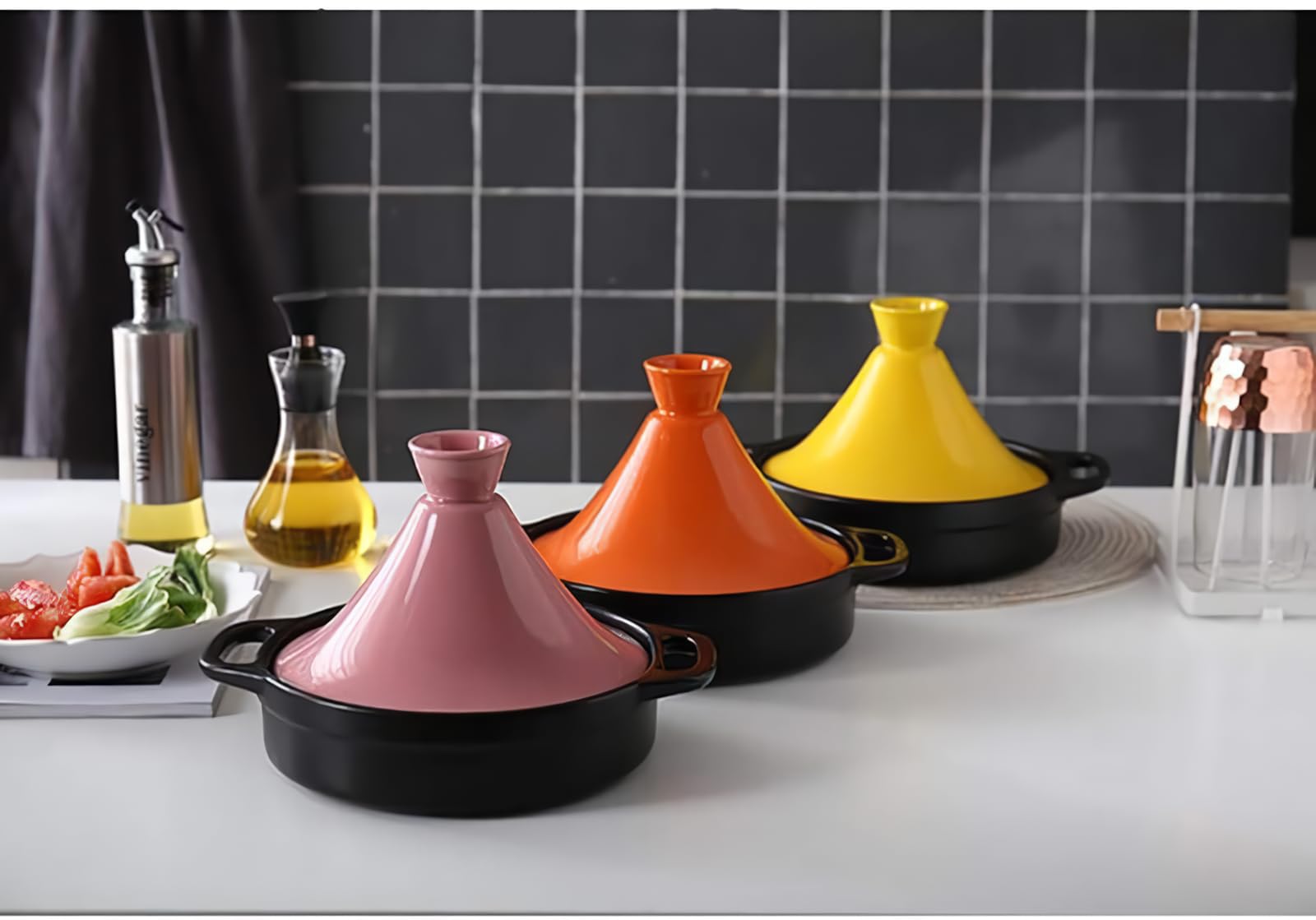 Multi-function Moroccan Style Cast Iron Tajine Pot Cooking Pot Ceramic Casserole Steamer Braiser Pan Healthy Saucepan Earthen Pot for Braising Slow Cooking,Yellow