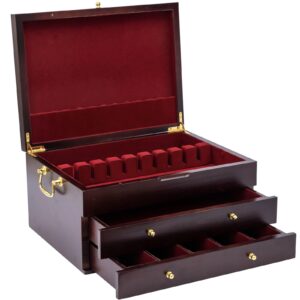 GENRICE Wooden Silverware Chest without Silverware Three-layer, Silverware Box Storage for Silver, Silverware Case with Handle and Felt Lined, Flatware Chest for 12 or 16 or more sets of Utensils