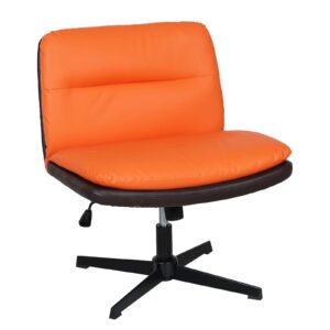 elecwish criss cross office chair, armless cross legged desk chair no wheels, pu leather applesauce office chair wide padded home office chair for bedroom, living room(orange+brown)