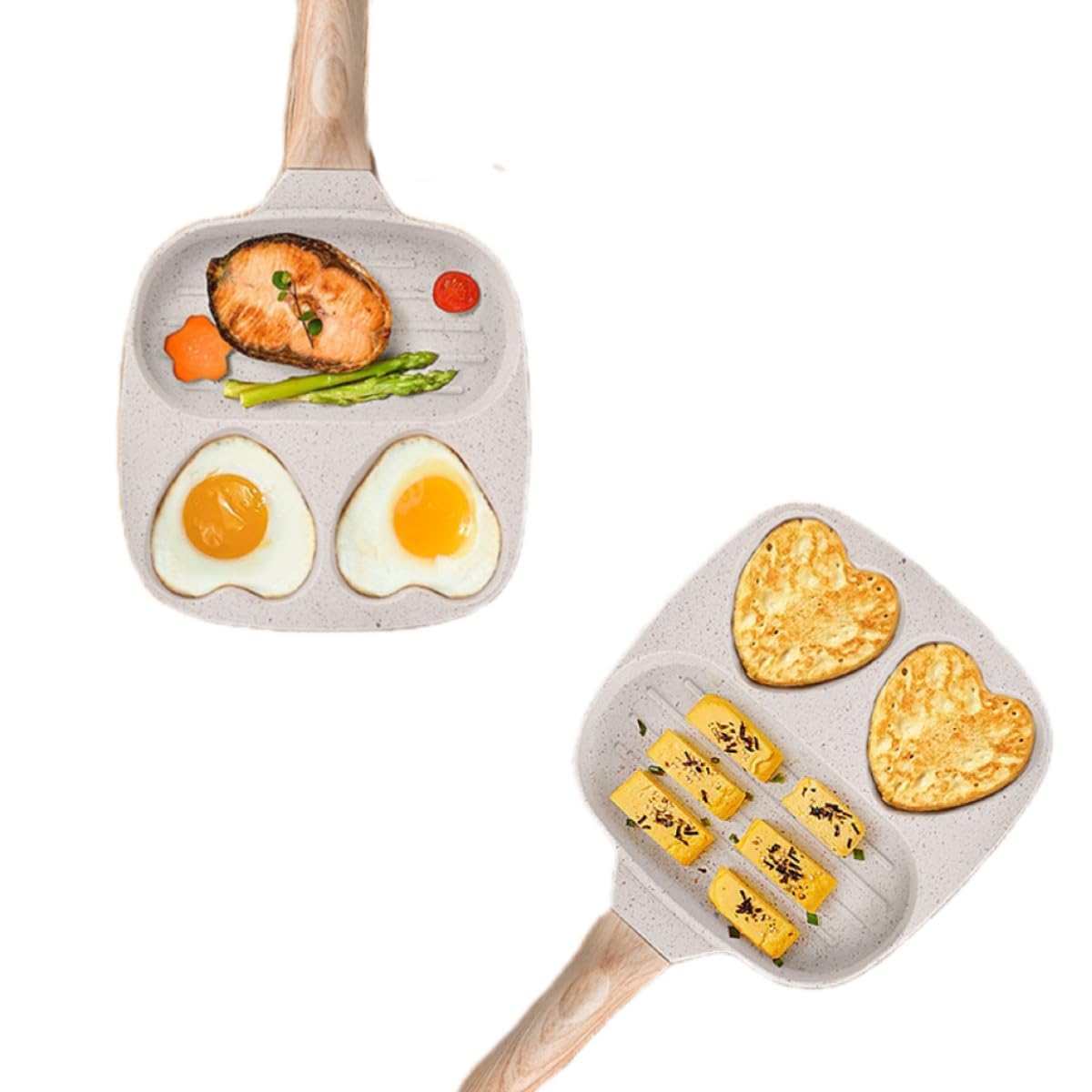 BB Tigger 3-Cup Egg Pan,3 Section, Versatile Breakfast Skillet, Omelette Pan, Omelette Skillet, Bacon pan, Sausage pan, hot dogs pan, Pancake Pan, 3-in-1 egg pan, 19cm*38.5cm, Off-White