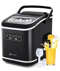 ecozy countertop ice maker, portable ice maker with self-cleaning, 9 bullet ice cubes in 6 mins, 26lbs/24hrs, ice maker machine with ice bags, handle, standing scoop and basket, black