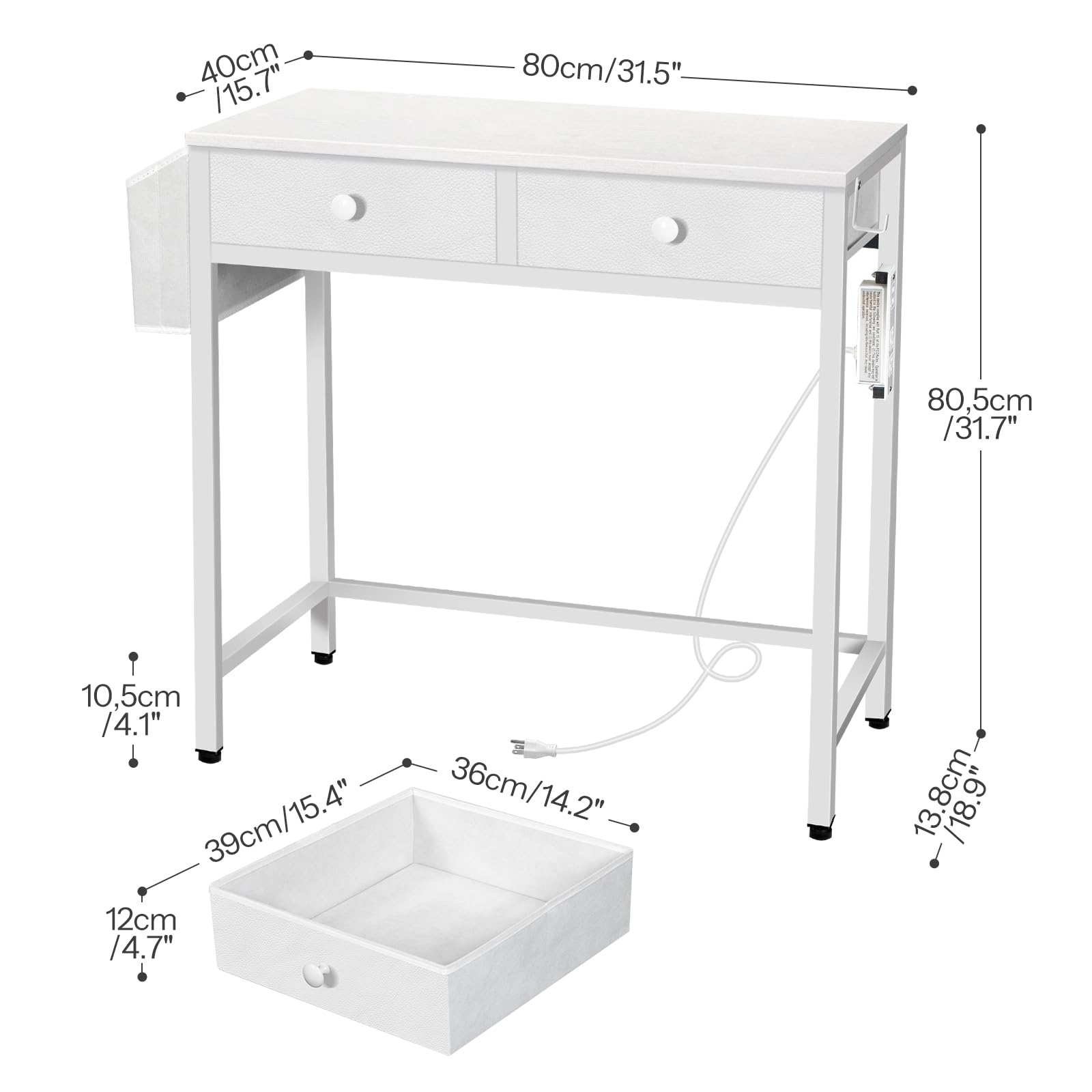 HOOBRO Small White Computer Desk with Power Outlet, 32 Inch Home Office Computer Desk with 2 Fabric Drawers, Study Desk for Small Spaces, with Side Pocket, for Study, Living Room, White WW42UDN01