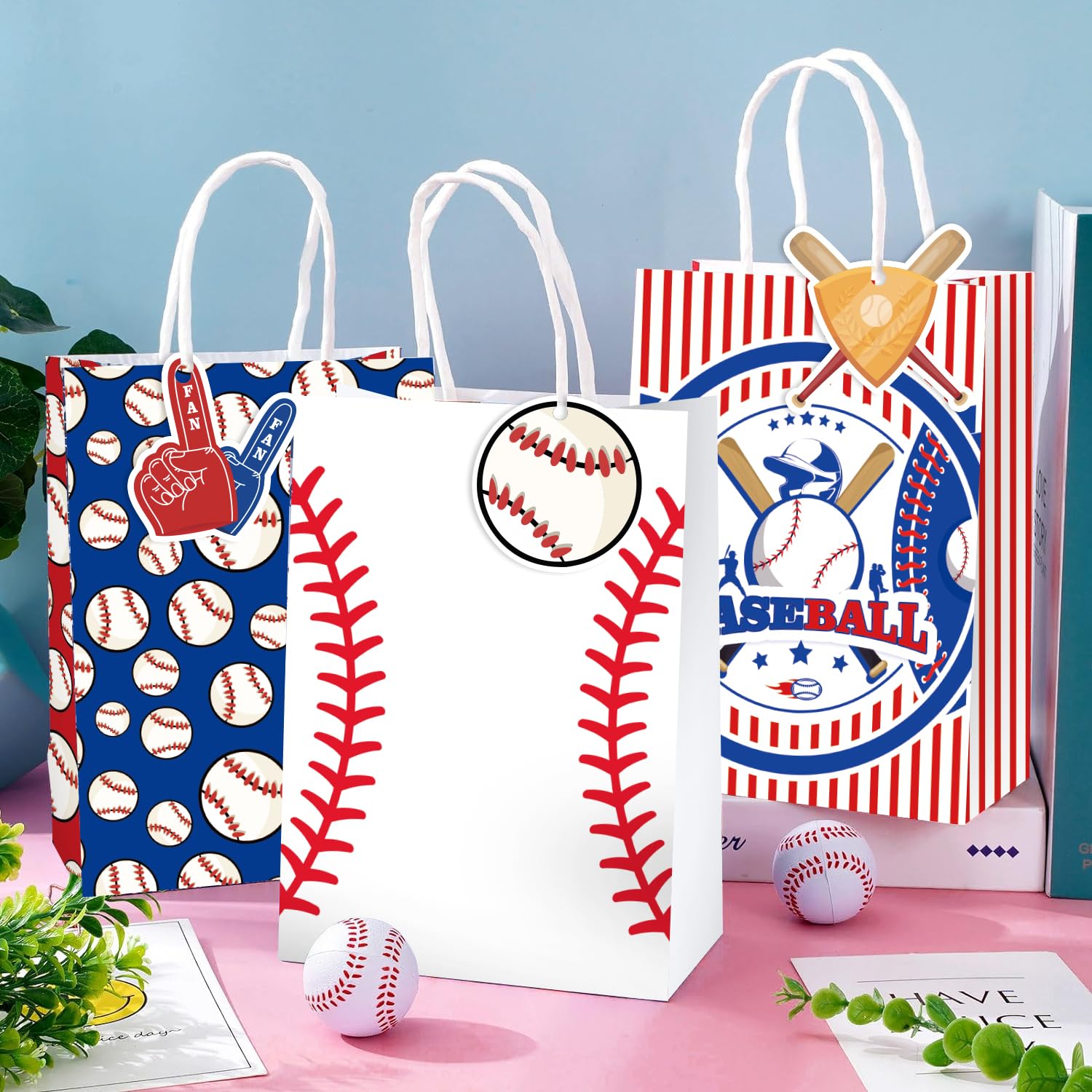 Mpanwen Baseball Goodie Bags, 16 Pcs Baseball Themed Party Favor Candy Treat Gifts Bags With Handle for Birthday Baby Shower Holiday Party Decorations