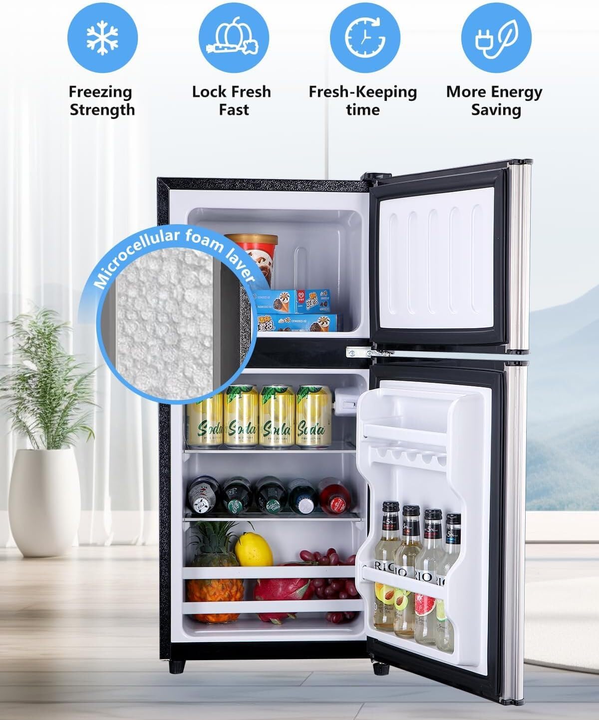 Geekman 3.5 Cu.Ft Mini Fridge with Freezer, Double Door Mini Fridger with 7 Level Adjustable Thermostat, Mini Refrigerator with interior LED light, Perfect for Dorm, Office, Bedroom＆RV, Silver