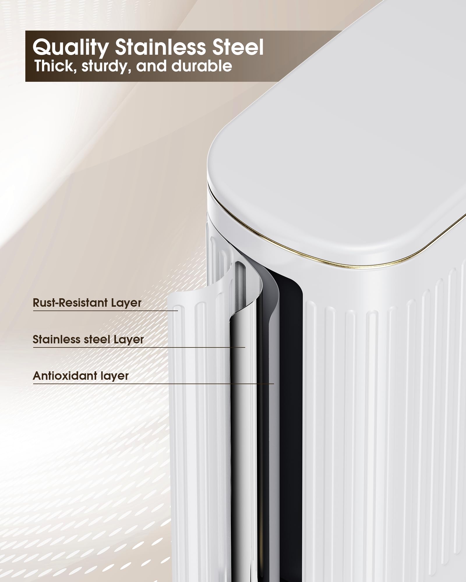 CEROELDA White Bathroom Trash Can with Lid-10L/2.6 Gallon Stainless Steel Step Slim Garbage Can-Rectangle Pedal Trash Bin for Narrow Office, Kitchen, Bedroom, Toilet-Soft Close (B-White/2.6 Gallon)