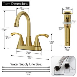 Phiestina Brushed Gold 4 Inch Centerset 2 or 3 Holes Bathroom Sink Faucet, Modern Vanity Faucet with 360 Swivel Spout, Metal Pop-up Drain and Water Supply Lines, JC180-BG