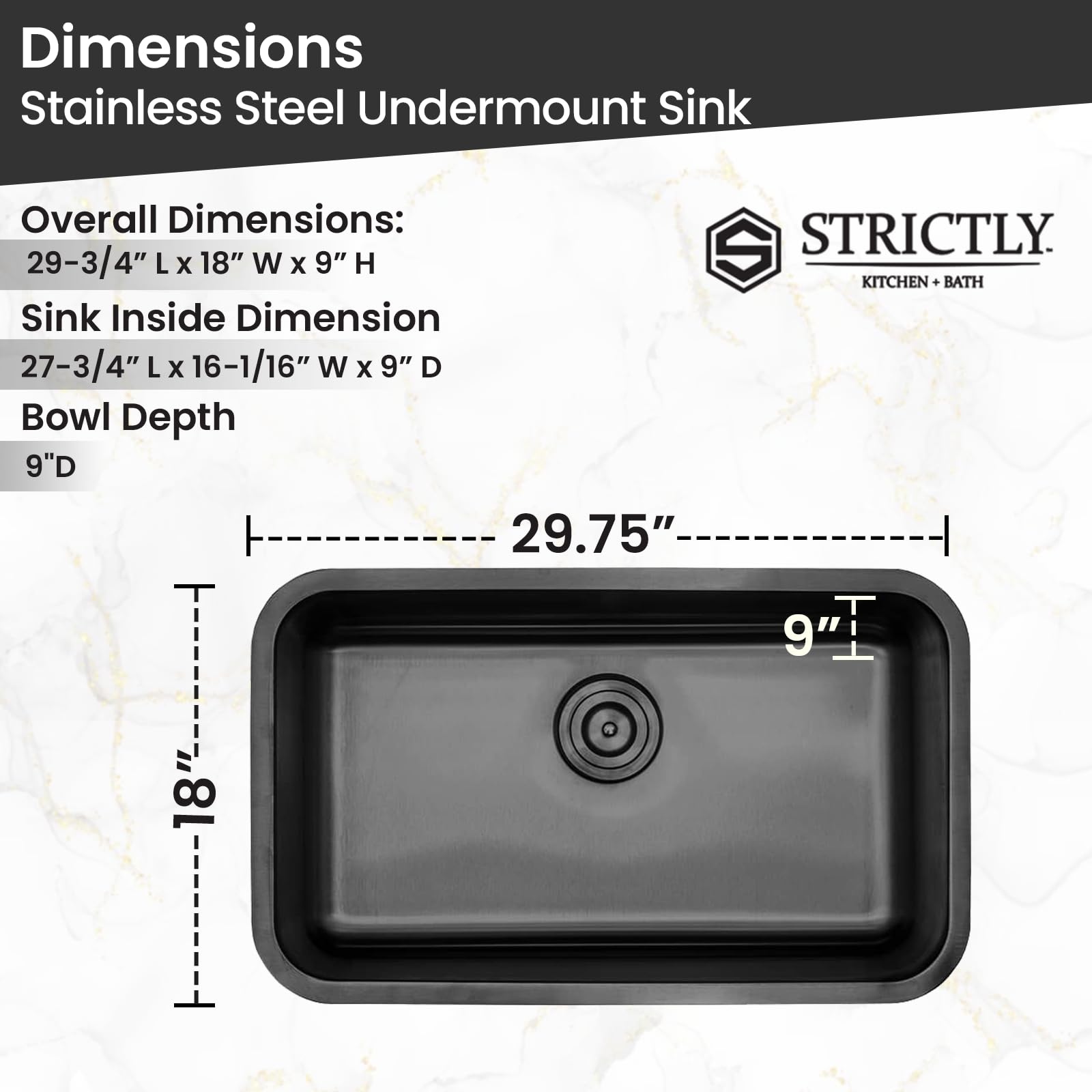 Strictly Sinks 29-3/4 Inch Undermount Kitchen Sink - 18 Gauge Single Bowl Kitchen Sink - Ideal Black Kitchen Sink with Single Strainer Drain, Bottom Grid & Roll Up Dish Drying Rack