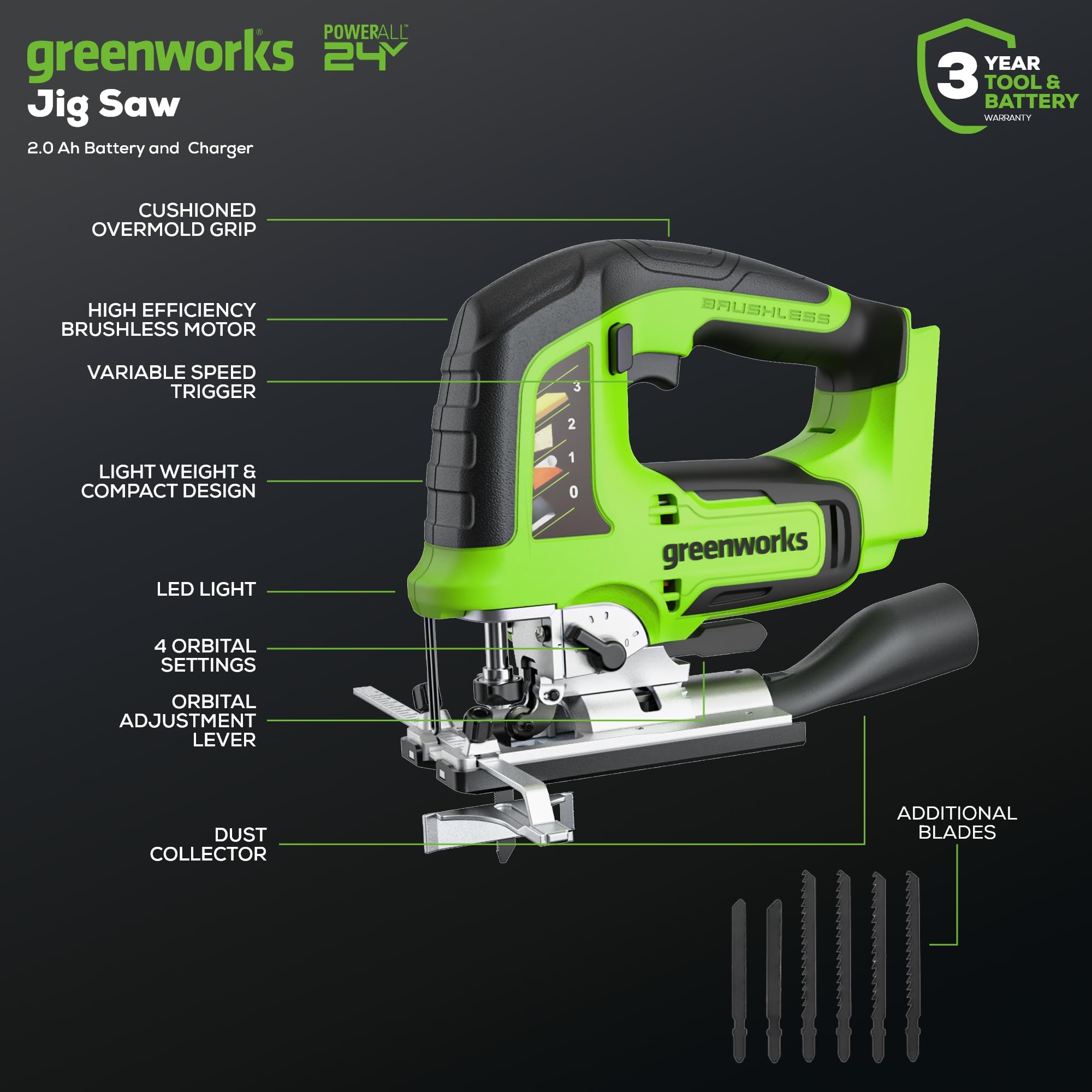 Greenworks 24V Brushless Cordless Jig Saw,3000 SPM,1 Inch Stroke Length Jigsaw with 6PCS Blades,4 Orbital Settings,45 Degree Cutting Angle,Tool-Free Blade Changing