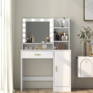 Vanity Desk, Vanity Mirror with Lights and Table Set with 1 Big Drawers, 1 Cabinet & 4 Shelves Makeup Vanity Set 3 Lighting Modes Brightness Adjustable Dressing Table (White)