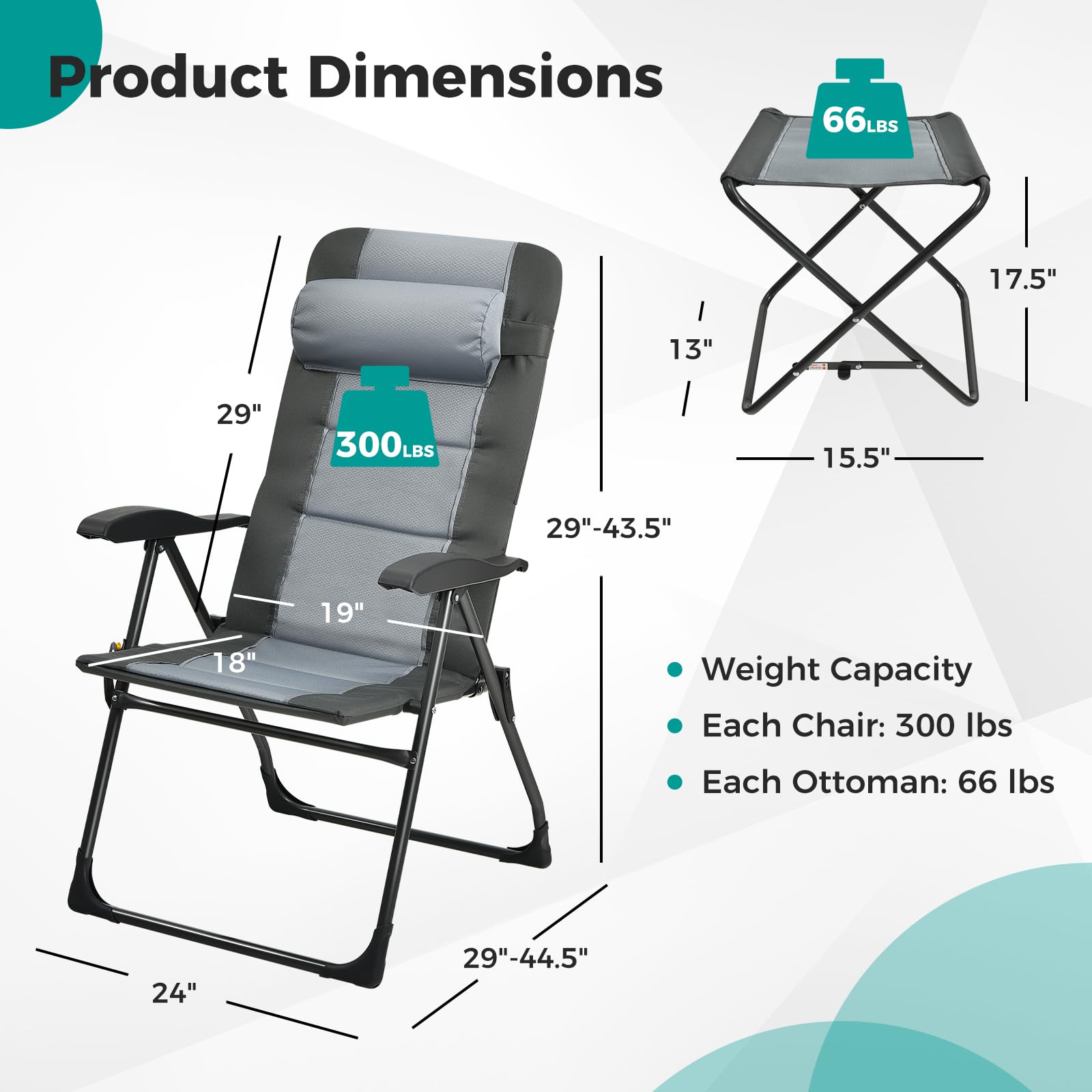 GYMAX Patio Chairs with Ottomans, Outdoor Recliner Set of 2 with 7-Level Backrest, Armrest, Detachable Headrest & Back Pocket, Padded Folding Camping Lounger for Lawn Balcony Backyard (2)