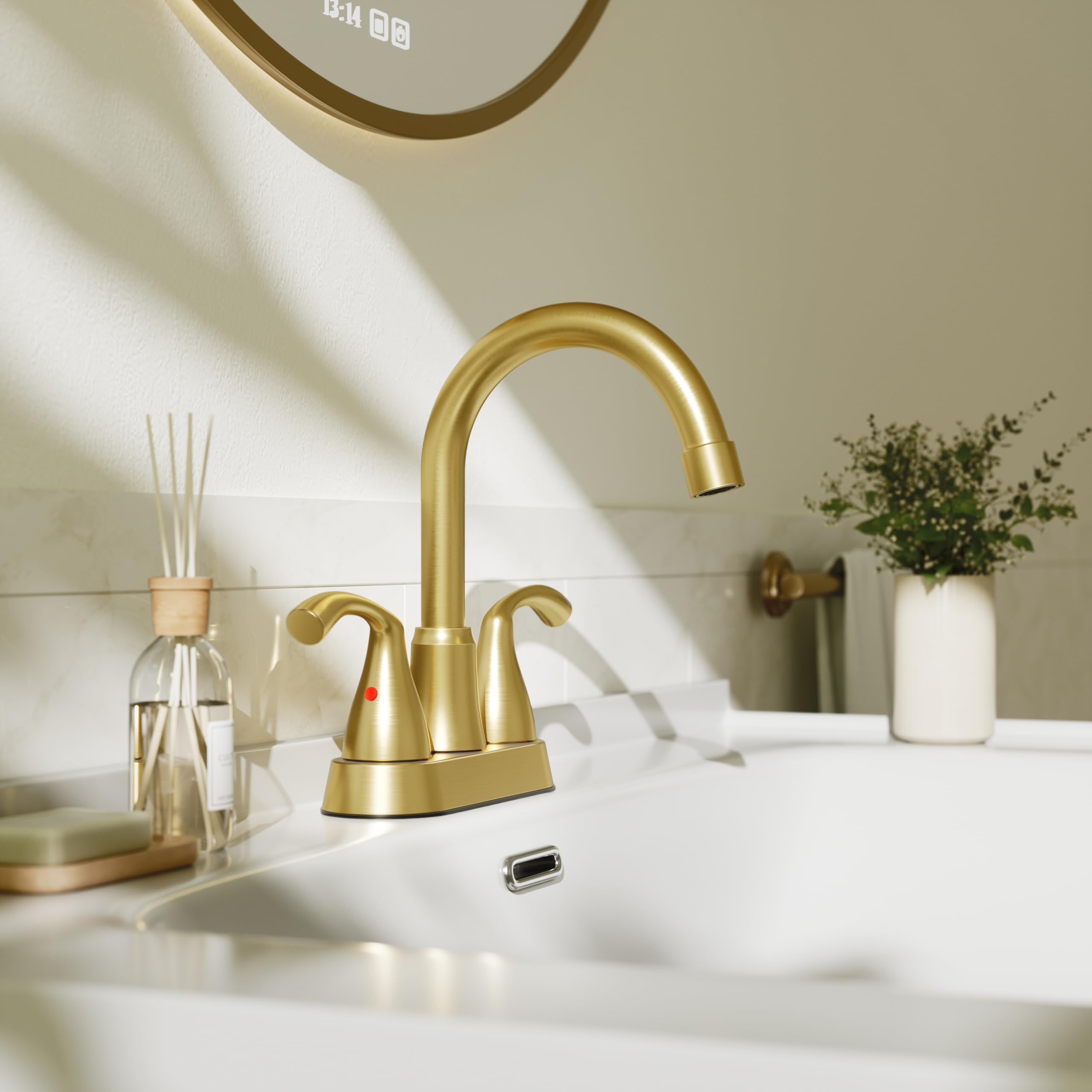 Phiestina Brushed Gold 4 Inch Centerset 2 or 3 Holes Bathroom Sink Faucet, Modern Vanity Faucet with 360 Swivel Spout, Metal Pop-up Drain and Water Supply Lines, JC180-BG