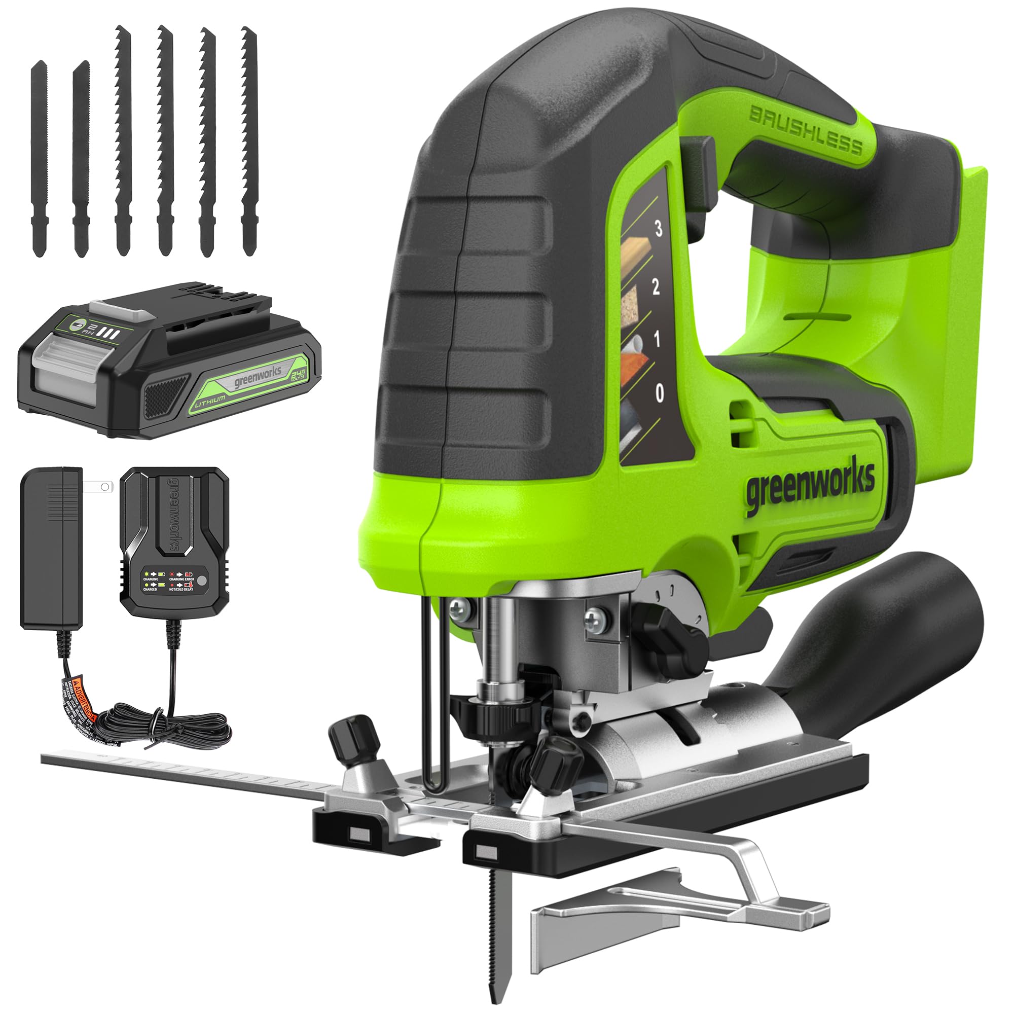 Greenworks 24V Brushless Cordless Jig Saw,3000 SPM,1 Inch Stroke Length Jigsaw with 6PCS Blades,4 Orbital Settings,45 Degree Cutting Angle,Tool-Free Blade Changing